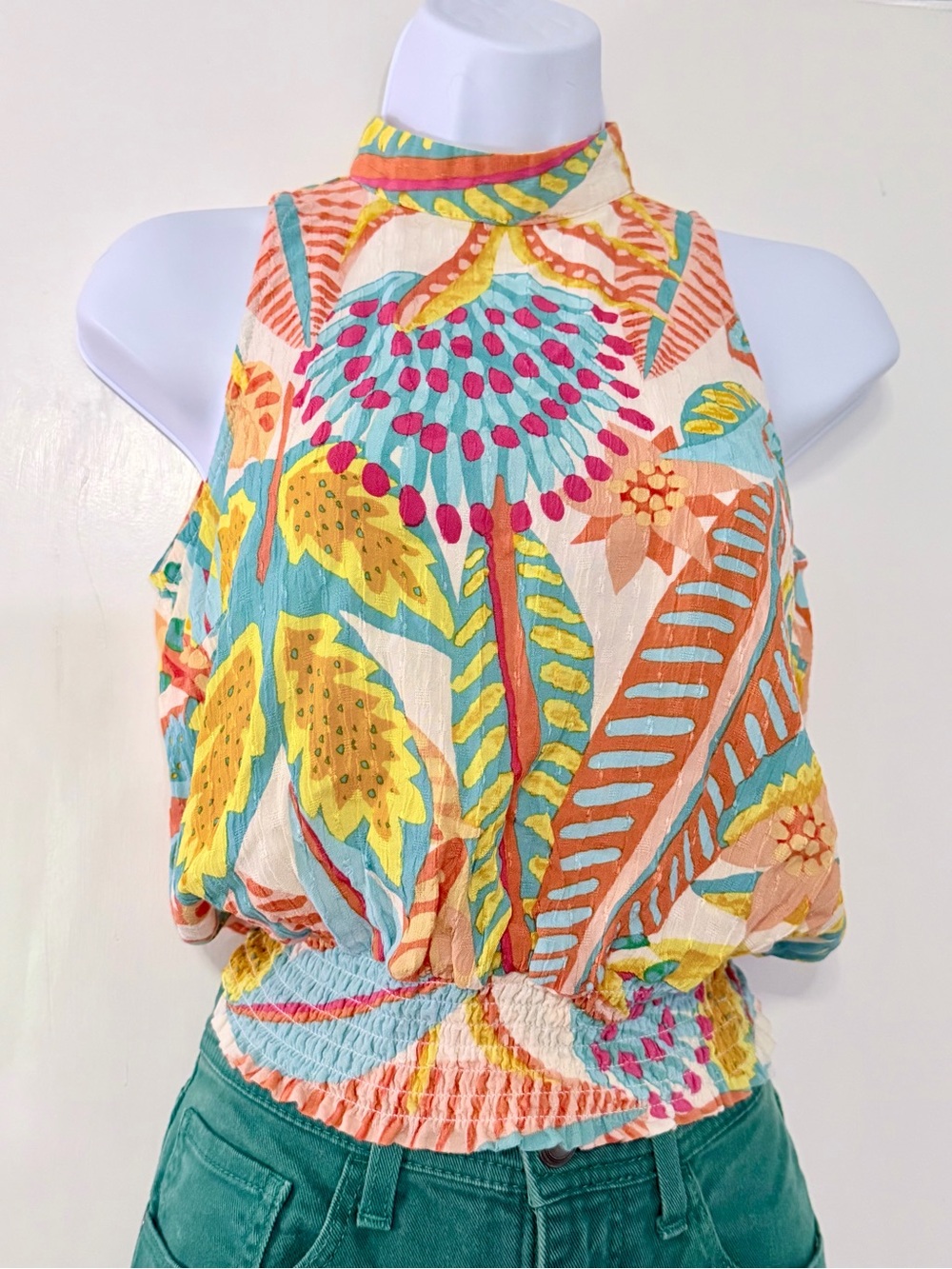 Christian Siriano New York Sleeveless Halter Top Tropical Print Smocked Waist XS